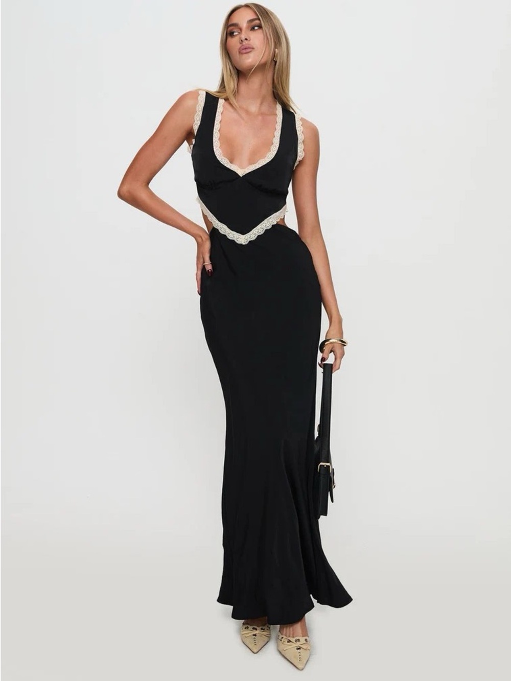 Princess Polly • NWOT $140 USD Black Maxi Dress with Cream Lace Trim PTP mm